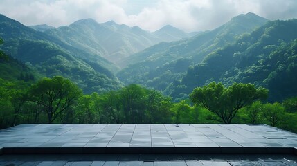 Canvas Print - Empty square platform and green mountain with forest landscape in Hangzhou China : Generative AI