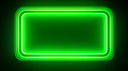 Wall Mural - A vibrant green neon rectangle emits a strong glow, contrasting against a dark backdrop, creating an eye-catching visual effect, copy space