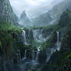 Canvas Print - Misty Mountain Valley with Multiple Waterfalls.