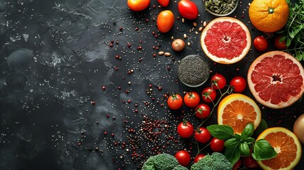 Wall Mural - Fresh vegetables fruits and seeds on black table flat lay : Generative AI