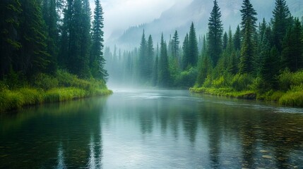 Wall Mural - A river in the middle of a forest filled with trees