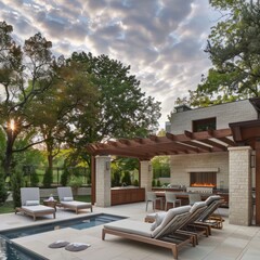 Poster - Modern backyard oasis with a pergola, pool, and outdoor kitchen.