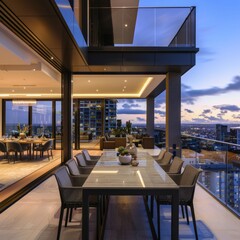 Poster - Modern balcony dining area with city view at dusk.