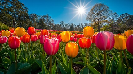 Wall Mural - A field of colorful tulips with the sun shining through the trees