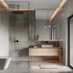 Poster - Modern bathroom with a walk-in shower, a floating vanity with a sink, and a large mirror.