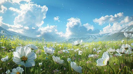 Wall Mural - A beautiful meadow with fresh grass and flowers, mingled with the clouds in the blue sky.