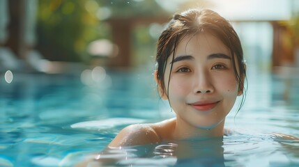 Portrait beautiful young asian woman smile relax leisure around swimming pool in hotel resort for vacation : Generative AI