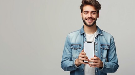 Poster - Handsome young man holding a smartphone mockup with a blank screen and smiling on a white background Celebrating success Gadget with empty space for mockup banner app : Generative AI