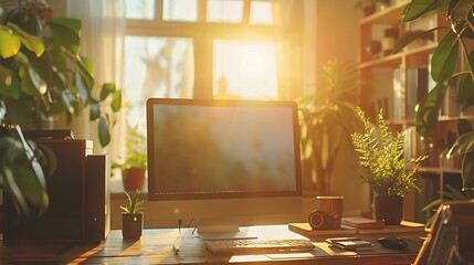 Fototapete - Empty workspace and a computer in a home office for remote work business or design of desk Working creative and a table with a pc and setup for a freelance career or entrepreneurship f : Generative AI