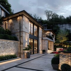 Poster - Modern house exterior with stone facade, lit at dusk.