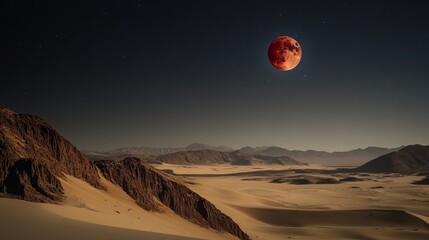 Wall Mural - A mesmerizing scene unfolds as a full moon eclipse takes place over a vast desert landscape.