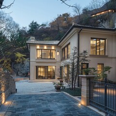 Poster - Modern house with a stone path and landscaped garden at dusk.