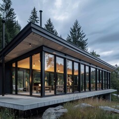 Poster - Modern black cabin with large windows overlooking a forest.