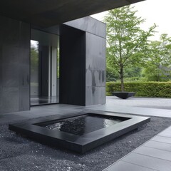 Canvas Print - Modern black tiled patio with water feature and potted tree.