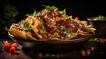 Wall Mural - a plate loaded nachos with minced beef and chopped vegetables 