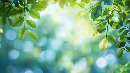 Poster - Summer background of blue and green blurred foilage and sky with bright bokeh Blurry abstract summer background Natural green leaves using as cover page greenery environment ecology ba : Generative AI
