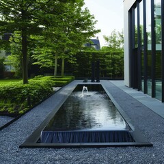 Poster - Modern garden with a sleek black water feature and gravel pathway.