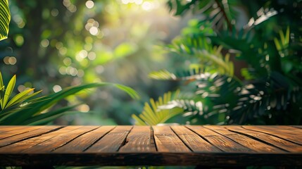 Aufkleber - Wood tabletop podium floor in outdoors tropical garden forest blurred green leaf plant nature backgroundNatural product placement pedestal stand displayjungle paradise concept : Generative AI