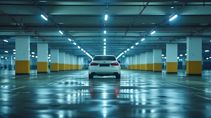 Poster - Single white car in an empty parking lot in an underground parking : Generative AI