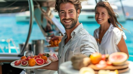 Sticker - Male waiter serving fresh fruit to tourist while catamaran boat sailing in the sea in sunny day Man and woman friends relax and enjoy luxury outdoor lifestyle sail yacht on summer trav : Generative AI