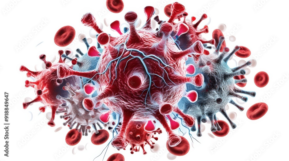 Detailed illustration of virus cells interacting with red blood cells ...