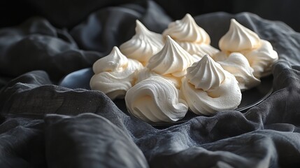 Wall Mural - Turkish beze, or meringues, arranged elegantly on a black handkerchief. These light and airy confections showcase their delicate texture and sweetness against the contrasting dark fabric.