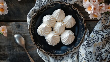 Wall Mural - Turkish beze, or meringues, arranged elegantly on a black handkerchief. These light and airy confections showcase their delicate texture and sweetness against the contrasting dark fabric.