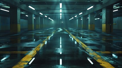 Poster - Sci fi looking dark and moody underground parking lot with fluorescent lights on  Long hall : Generative AI