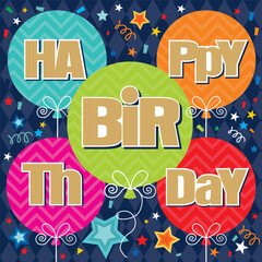 Canvas Print - Happy birthday card design with colorful balloons, stars and text