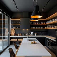 Wall Mural - Modern kitchen interior with black cabinets, wooden shelves, and white countertop.