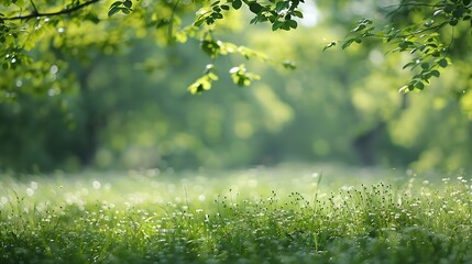 Wall Mural - Blurred photogreen tree background View of the wild grass lawn Light sky : Generative AI