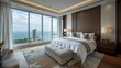 © Generative AI - Modern and luxurious master bedroom with views of Chicago and Lake Michigan Condo or Hotel accommodation : Generative AI