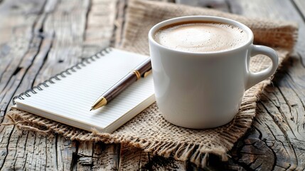 Aufkleber - Cup of coffee with notepad and brown pen on wooden table top view copy space : Generative AI