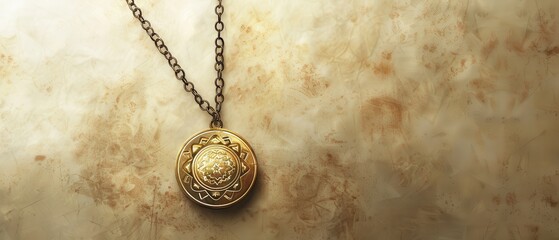 Wall Mural - A gold necklace with a pendant is displayed on a tan background