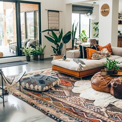 Sticker - Modern living room interior with eclectic decor and a large rug.