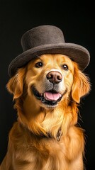 Canvas Print - A golden retriever dog wearing a top hat on a black background