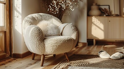 Sticker - Creative composition of living room interior with copy space boucle armchair brown pillow sideboard slippers beige rug vase with dried flowers and personal accessories Home decor Templ : Generative AI