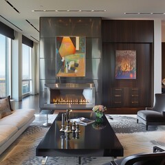 Wall Mural - Modern living room with a fireplace, sleek furniture and artwork.