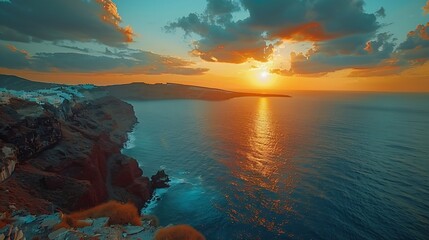 Europe summer destination Traveling concept sunset scenic famous landscape of Santorini island Oia Greece Caldera view colorful clouds dream cityscape Vacation panorama amazing outdoor : Generative AI