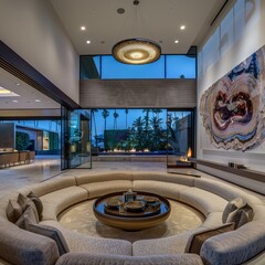 Poster - Modern living room with circular couch and large windows overlooking a patio and palm trees.