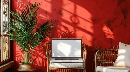 Aufkleber - Laptop computer with blank screen on comfortable rattan chair against red color wall Aesthetic template with mockup copy space Online store blog social media website branding Online sh : Generative AI