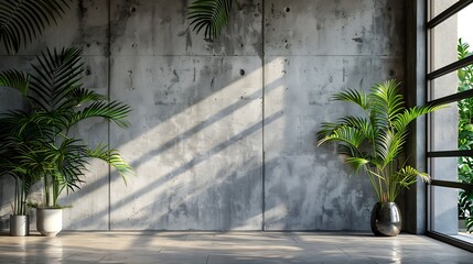 Poster - Blank concrete wall in modern empty room with tropical plant garden Luxury house interior with green palm trees Minimal architecture design : Generative AI