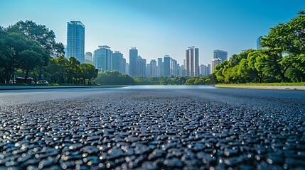 Wall Mural - Asphalt road platform and lake with city skyline background : Generative AI