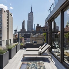 Wall Mural - Modern rooftop terrace with lounge chairs and city skyline view.