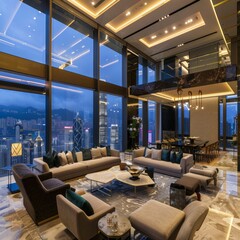 Wall Mural - Modern living room with panoramic city views at dusk.