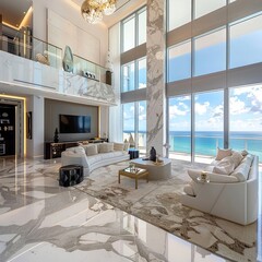 Wall Mural - Modern living room with panoramic ocean views and marble floors.