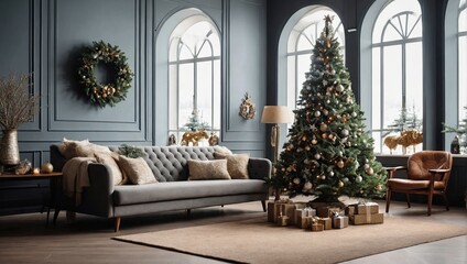 Christmas tree in stylish living room interior 