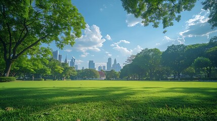 Aufkleber - grassland green field with trees and buildings temple and grand palace in blue skyBangkok thailand : Generative AI