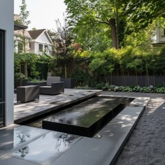 Poster - Modern minimalist backyard with a black rectangular water feature, surrounded by gravel and greenery.