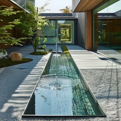 Canvas Print - Modern minimalist courtyard with a water feature and a zen garden.